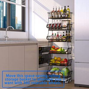 ALPHYSE Fruit Basket for Kitchen, Wire Baskets for Fruit and Vegetable Storage, 6 Tier Stackable Baskets with Wheels and Anti-Skid Feet for Kitchen, Pantry, Bathroom