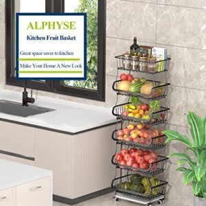 ALPHYSE Fruit Basket for Kitchen, Wire Baskets for Fruit and Vegetable Storage, 6 Tier Stackable Baskets with Wheels and Anti-Skid Feet for Kitchen, Pantry, Bathroom