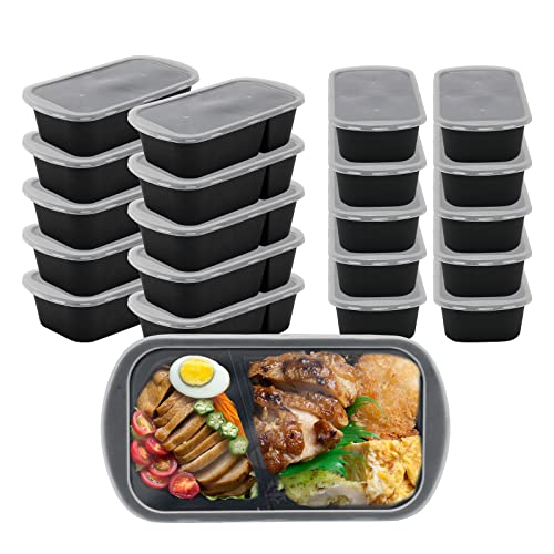 Landmore Meal Prep Containers 20 Pack 33oz 2 Compartment Food Storage Containers with Lids, Bento Box, BPA Free, Stackable/Reusable Lunch Boxes, Microwavable, Freezer and Dishwasher Safe Black