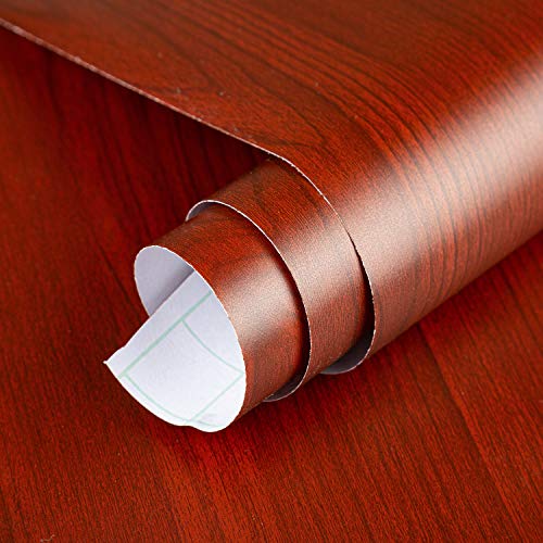 BAYYA Cherry Wood Grain Paper Waterproof Peel and Stick Wallpaper Red Brown Decorative Furniture Sticker for Kitchen Cabinet Door Table Floor Shelf Drawer Liner Self-Adhesive Film