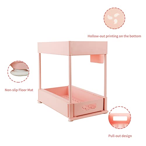 Under Sink Organizers and Storage, 2 Tier Cabinet Organizer with Sliding Pull Out Drawer, Multi-purpose Under Sink Organizer Shelf With Hooks for Bathroom Kitchen, Pink