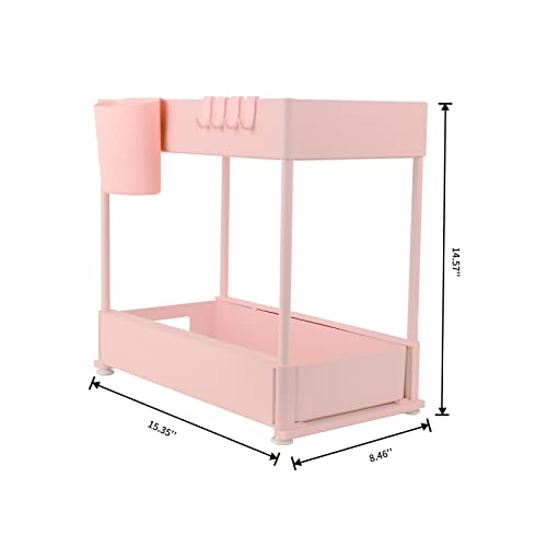 Under Sink Organizers and Storage, 2 Tier Cabinet Organizer with Sliding Pull Out Drawer, Multi-purpose Under Sink Organizer Shelf With Hooks for Bathroom Kitchen, Pink