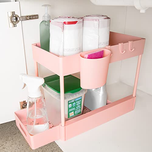 Under Sink Organizers and Storage, 2 Tier Cabinet Organizer with Sliding Pull Out Drawer, Multi-purpose Under Sink Organizer Shelf With Hooks for Bathroom Kitchen, Pink