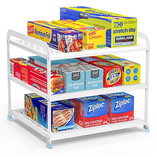 Decostatue Kitchen Cabinet Organizers and Storage Rack- Adjustable Foil and Plastic Wrap Organizer Rack - Sturdy Pantry Organization and Storage for Plastic Bag, Wrap, Foil, Parchment, Snack and Box