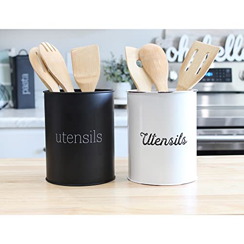 AuldHome Metal Utensil Holder (Black), Enamel Classic Style Round Kitchen Utensil Caddy