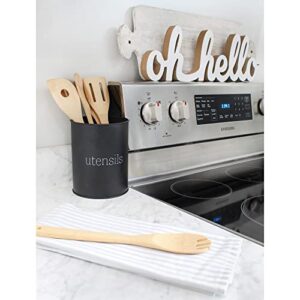 AuldHome Metal Utensil Holder (Black), Enamel Classic Style Round Kitchen Utensil Caddy