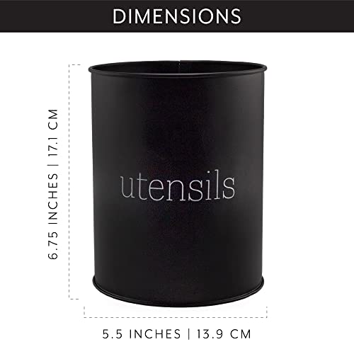 AuldHome Metal Utensil Holder (Black), Enamel Classic Style Round Kitchen Utensil Caddy