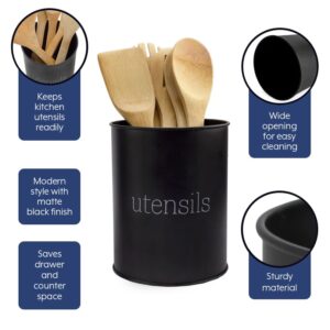 AuldHome Metal Utensil Holder (Black), Enamel Classic Style Round Kitchen Utensil Caddy