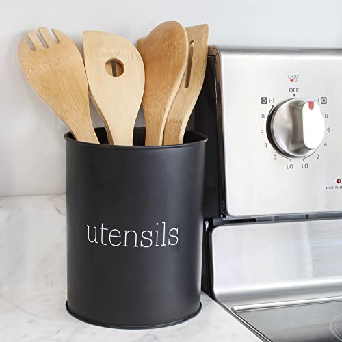 AuldHome Metal Utensil Holder (Black), Enamel Classic Style Round Kitchen Utensil Caddy