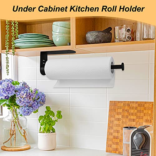 Single Hand Paper Towel Holder, Black Paper Towel Holder with Ratcheting Mechanism Paper Towel Dispenser Wall Mount Under Cabinet Paper Towel Holder Self-Adhesive or Drilled for Kitchen Bathroom RV