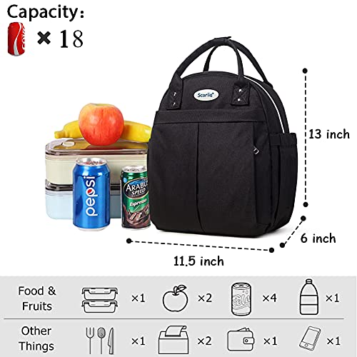 Scorlia Insulated Lunch Bag Backpack for Women, Convertible Lunch Cooler Tote with Side pocket, Tall Reusable lunch Box Container with Drinks Holder for Girl, School, Office, Beach, Picnic, Black