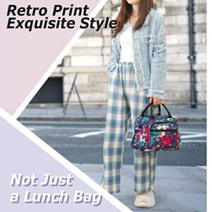 musumen Retro Print Lunch Bag for Women and Teenage Girls - Triple Insulated, Leak-Proof and Waterproof with Multiple Pockets - Fits Most Lunch Boxes and Holds One or Two Meals