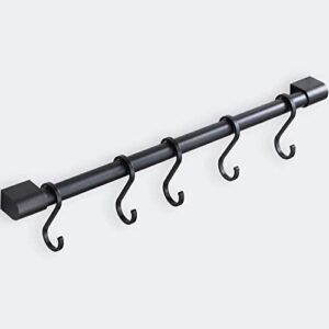 miaohui kitchen rail with hooks, pan and pot hangers for kitchen wall mount, kitchen utensil rack with removable s hook, aluminum (17.3inch_black_5hooks)
