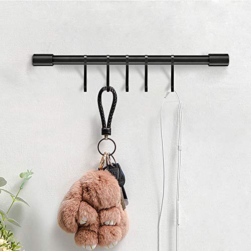 MIAOHUI Kitchen Rail with Hooks, Pan and Pot Hangers for Kitchen Wall Mount, Kitchen Utensil Rack with Removable S Hook, Aluminum (17.3inch_Black_5Hooks)