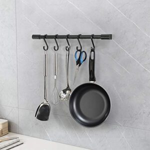 MIAOHUI Kitchen Rail with Hooks, Pan and Pot Hangers for Kitchen Wall Mount, Kitchen Utensil Rack with Removable S Hook, Aluminum (17.3inch_Black_5Hooks)