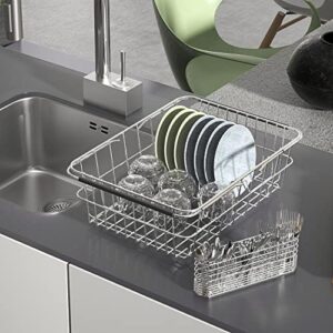 Lixin Tech Expandable Deep Type Large Plate Sink Dish Drying Rack for Kitchen Counter, Durable 304 Stainless Steel Dish Drainer with Utensil Holder Over Sink, Rustproof- Large