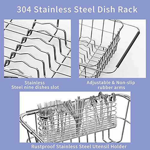 Lixin Tech Expandable Deep Type Large Plate Sink Dish Drying Rack for Kitchen Counter, Durable 304 Stainless Steel Dish Drainer with Utensil Holder Over Sink, Rustproof- Large