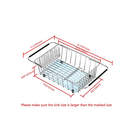 Lixin Tech Expandable Deep Type Large Plate Sink Dish Drying Rack for Kitchen Counter, Durable 304 Stainless Steel Dish Drainer with Utensil Holder Over Sink, Rustproof- Large