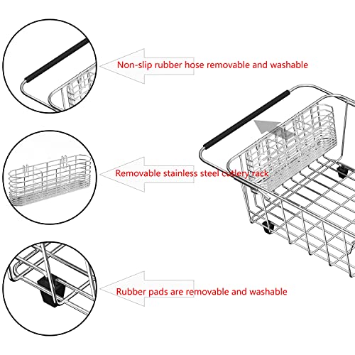 Lixin Tech Expandable Deep Type Large Plate Sink Dish Drying Rack for Kitchen Counter, Durable 304 Stainless Steel Dish Drainer with Utensil Holder Over Sink, Rustproof- Large