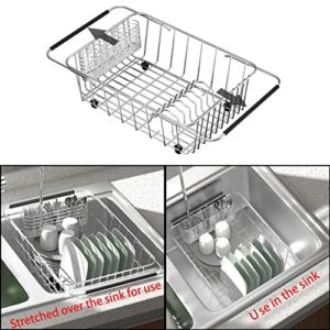 Lixin Tech Expandable Deep Type Large Plate Sink Dish Drying Rack for Kitchen Counter, Durable 304 Stainless Steel Dish Drainer with Utensil Holder Over Sink, Rustproof- Large