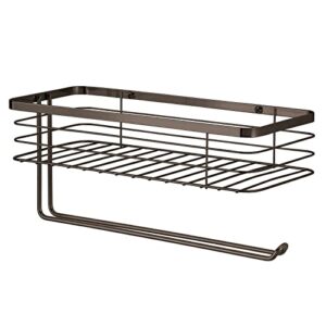 mDesign Steel Horizontal Wall Mount Paper Towel Holder with Basket Storage Organizer for Kitchen Countertop, Pantry, Cabinet, Cupboard - Holds Spices, Snacks, Drinks - Carson Collection - Bronze