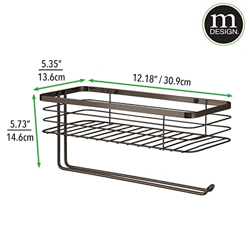 mDesign Steel Horizontal Wall Mount Paper Towel Holder with Basket Storage Organizer for Kitchen Countertop, Pantry, Cabinet, Cupboard - Holds Spices, Snacks, Drinks - Carson Collection - Bronze