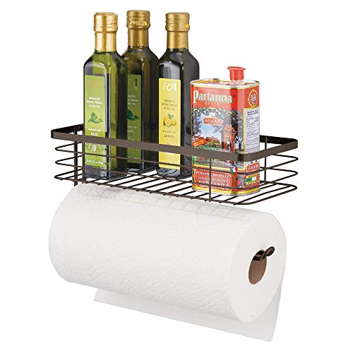 mDesign Steel Horizontal Wall Mount Paper Towel Holder with Basket Storage Organizer for Kitchen Countertop, Pantry, Cabinet, Cupboard - Holds Spices, Snacks, Drinks - Carson Collection - Bronze