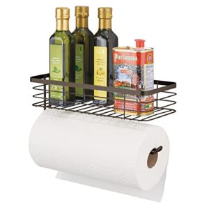 mDesign Steel Horizontal Wall Mount Paper Towel Holder with Basket Storage Organizer for Kitchen Countertop, Pantry, Cabinet, Cupboard - Holds Spices, Snacks, Drinks - Carson Collection - Bronze