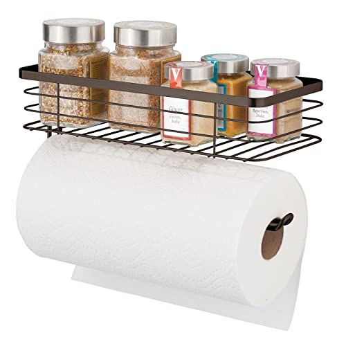 mDesign Steel Horizontal Wall Mount Paper Towel Holder with Basket Storage Organizer for Kitchen Countertop, Pantry, Cabinet, Cupboard - Holds Spices, Snacks, Drinks - Carson Collection - Bronze