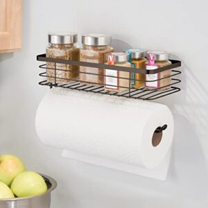 mDesign Steel Horizontal Wall Mount Paper Towel Holder with Basket Storage Organizer for Kitchen Countertop, Pantry, Cabinet, Cupboard - Holds Spices, Snacks, Drinks - Carson Collection - Bronze