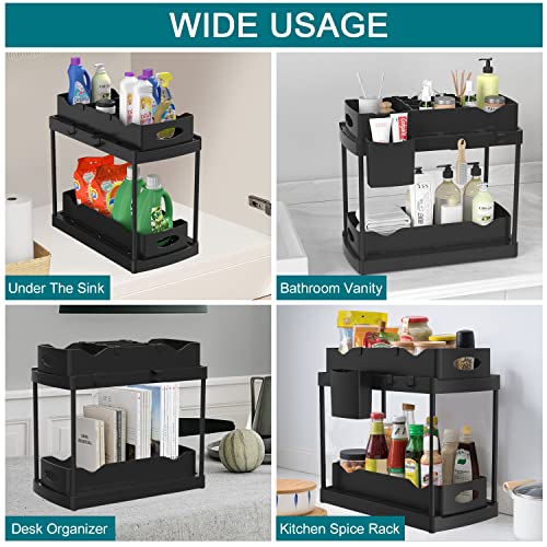 Under Sink Organizer, 2-Tier Under Sink Organizers and Storage with Double Sliding Storage Drawers, Under Sliding Cabinet Basket with Hooks, Hanging Cup, Dividers for Home, Bathroom, Kitchen