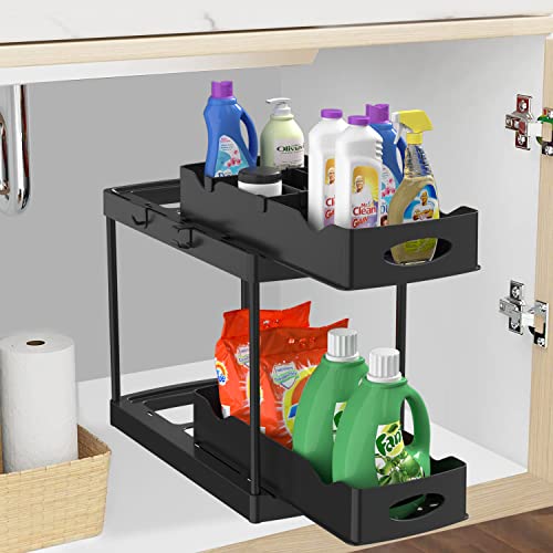 Under Sink Organizer, 2-Tier Under Sink Organizers and Storage with Double Sliding Storage Drawers, Under Sliding Cabinet Basket with Hooks, Hanging Cup, Dividers for Home, Bathroom, Kitchen