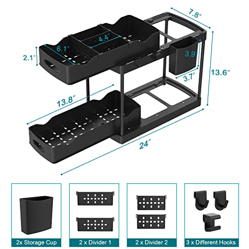 Under Sink Organizer, 2-Tier Under Sink Organizers and Storage with Double Sliding Storage Drawers, Under Sliding Cabinet Basket with Hooks, Hanging Cup, Dividers for Home, Bathroom, Kitchen