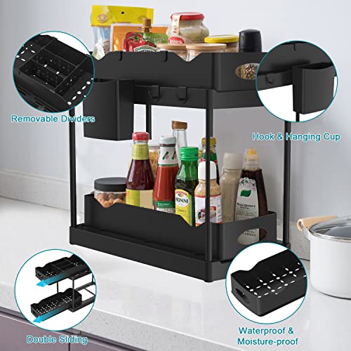 Under Sink Organizer, 2-Tier Under Sink Organizers and Storage with Double Sliding Storage Drawers, Under Sliding Cabinet Basket with Hooks, Hanging Cup, Dividers for Home, Bathroom, Kitchen