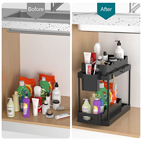 Under Sink Organizer, 2-Tier Under Sink Organizers and Storage with Double Sliding Storage Drawers, Under Sliding Cabinet Basket with Hooks, Hanging Cup, Dividers for Home, Bathroom, Kitchen