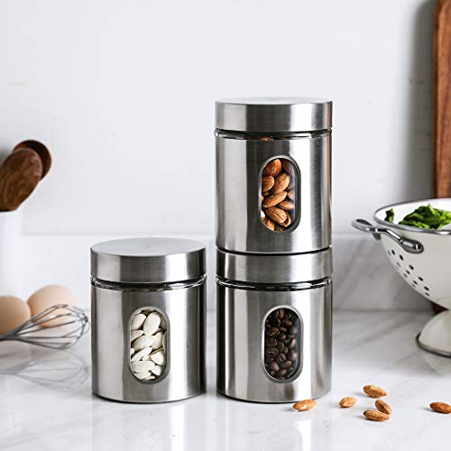 Whole Housewares | Brushed Stainless Steel and Glass Canister with Window for Spices or Grains | Kitchen Organisation Canisters | Set of 3 | 5" H & 21OZ