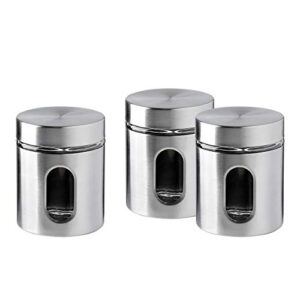 whole housewares | brushed stainless steel and glass canister with window for spices or grains | kitchen organisation canisters | set of 3 | 5″ h & 21oz