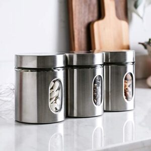 Whole Housewares | Brushed Stainless Steel and Glass Canister with Window for Spices or Grains | Kitchen Organisation Canisters | Set of 3 | 5" H & 21OZ