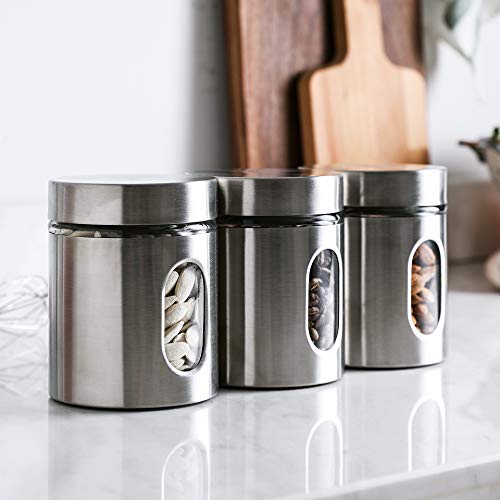 Whole Housewares | Brushed Stainless Steel and Glass Canister with Window for Spices or Grains | Kitchen Organisation Canisters | Set of 3 | 5" H & 21OZ