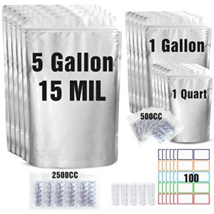 15 Mil 5 Gallon Mylar Bags for Food Storage with 2500cc Oxygen Absorbers - 55 Pack Mylar Bags 5 Gallon,1 Gallon,1 Quart 3 Size, 100 Pcs Labels and 500cc Oxygen Absorbers for Long Term Food Storage