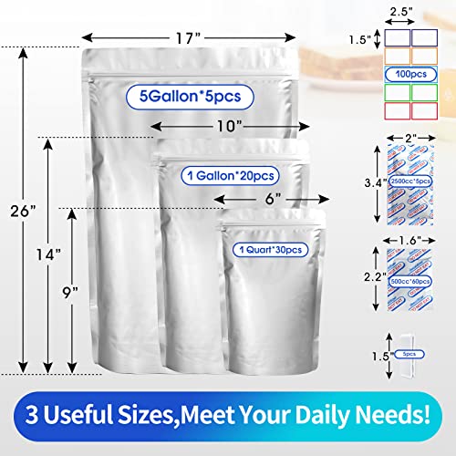 15 Mil 5 Gallon Mylar Bags for Food Storage with 2500cc Oxygen Absorbers - 55 Pack Mylar Bags 5 Gallon,1 Gallon,1 Quart 3 Size, 100 Pcs Labels and 500cc Oxygen Absorbers for Long Term Food Storage