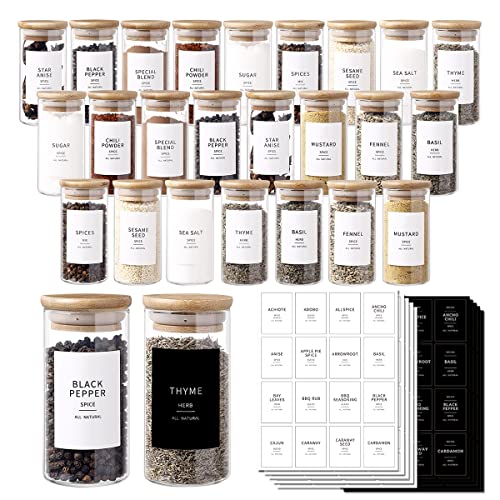 CZZGSM 24 Pcs Glass Spice Jars With 296 Spice Labels Preprinted of White and Black Color- 4oz Thicken(2.4mm) Spice Containers With Bamboo Airtight Lids - Empty Small Herb Seasoning Jars