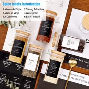 CZZGSM 24 Pcs Glass Spice Jars With 296 Spice Labels Preprinted of White and Black Color- 4oz Thicken(2.4mm) Spice Containers With Bamboo Airtight Lids - Empty Small Herb Seasoning Jars