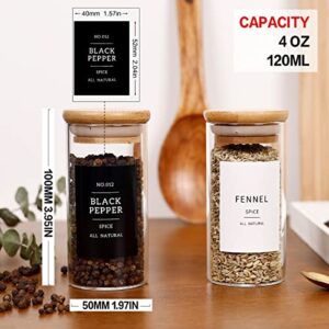 CZZGSM 24 Pcs Glass Spice Jars With 296 Spice Labels Preprinted of White and Black Color- 4oz Thicken(2.4mm) Spice Containers With Bamboo Airtight Lids - Empty Small Herb Seasoning Jars