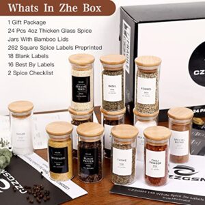 CZZGSM 24 Pcs Glass Spice Jars With 296 Spice Labels Preprinted of White and Black Color- 4oz Thicken(2.4mm) Spice Containers With Bamboo Airtight Lids - Empty Small Herb Seasoning Jars