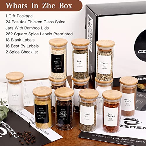 CZZGSM 24 Pcs Glass Spice Jars With 296 Spice Labels Preprinted of White and Black Color- 4oz Thicken(2.4mm) Spice Containers With Bamboo Airtight Lids - Empty Small Herb Seasoning Jars