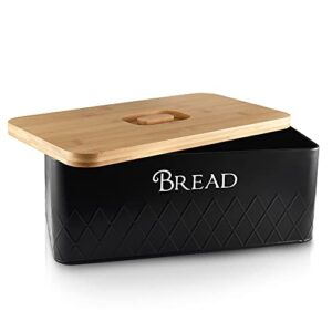 baking & beyond bread box with bamboo cutting board lid, 13″x7.5″x5″ space-saving bread box for kitchen countertop, bread storage container holder, bread keeper bin – fresh loaves, black