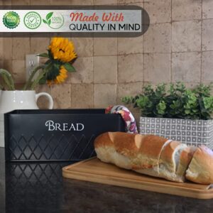 Baking & Beyond Bread Box with Bamboo Cutting Board Lid, 13"x7.5"x5" Space-Saving Bread Box for Kitchen Countertop, Bread Storage Container Holder, Bread Keeper Bin - Fresh Loaves, Black