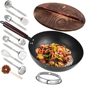 leidawn 12.8″ carbon steel wok – 11pcs woks and stir fry pans with wooden handle and lid,10 cookware accessories,for electric,induction and gas stoves