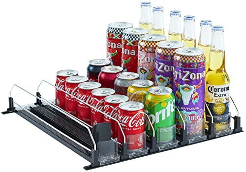 Jillmo Drink Organizer for Fridge, Self-Pushing Soda Can Organizer for Refrigerator, Width Adjustable Pusher Glide, Black, 5 Row